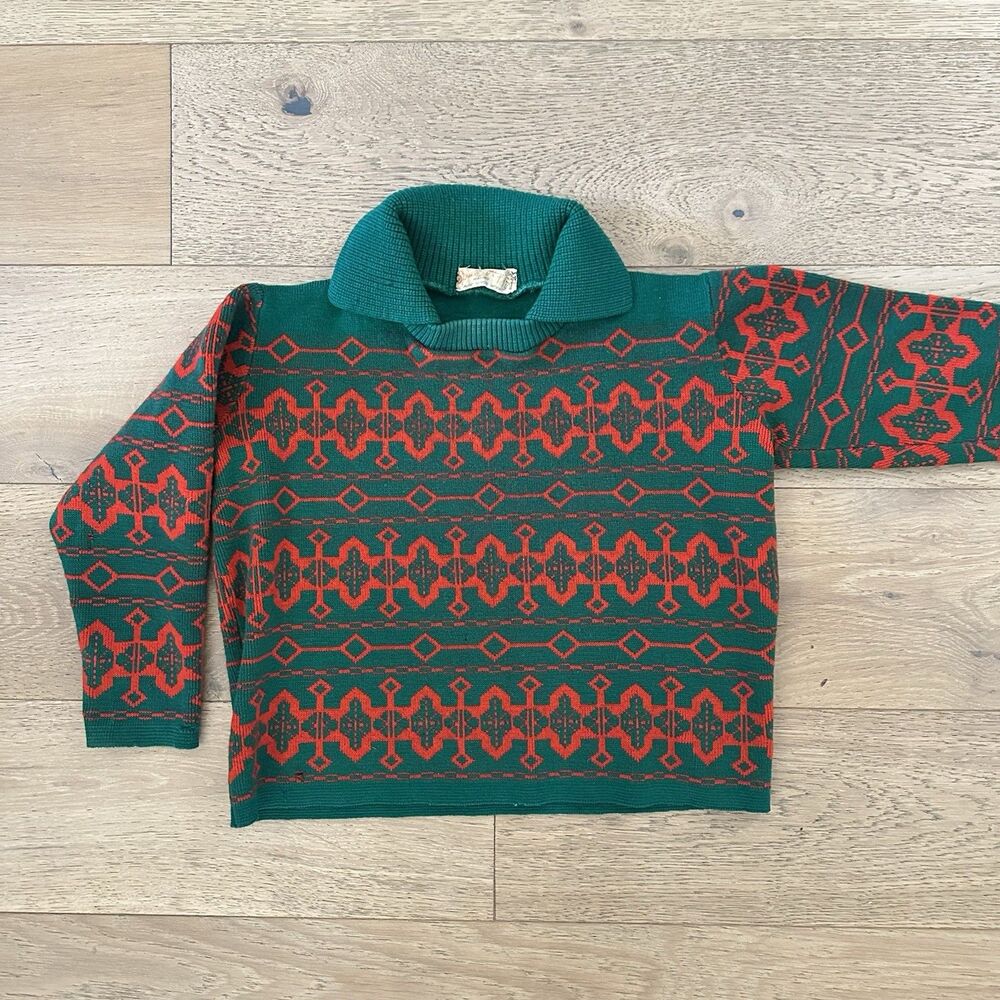 Vintage SPENCER HEY Holland Virgin Wool Sweater Red Green Fair Isle RARE!